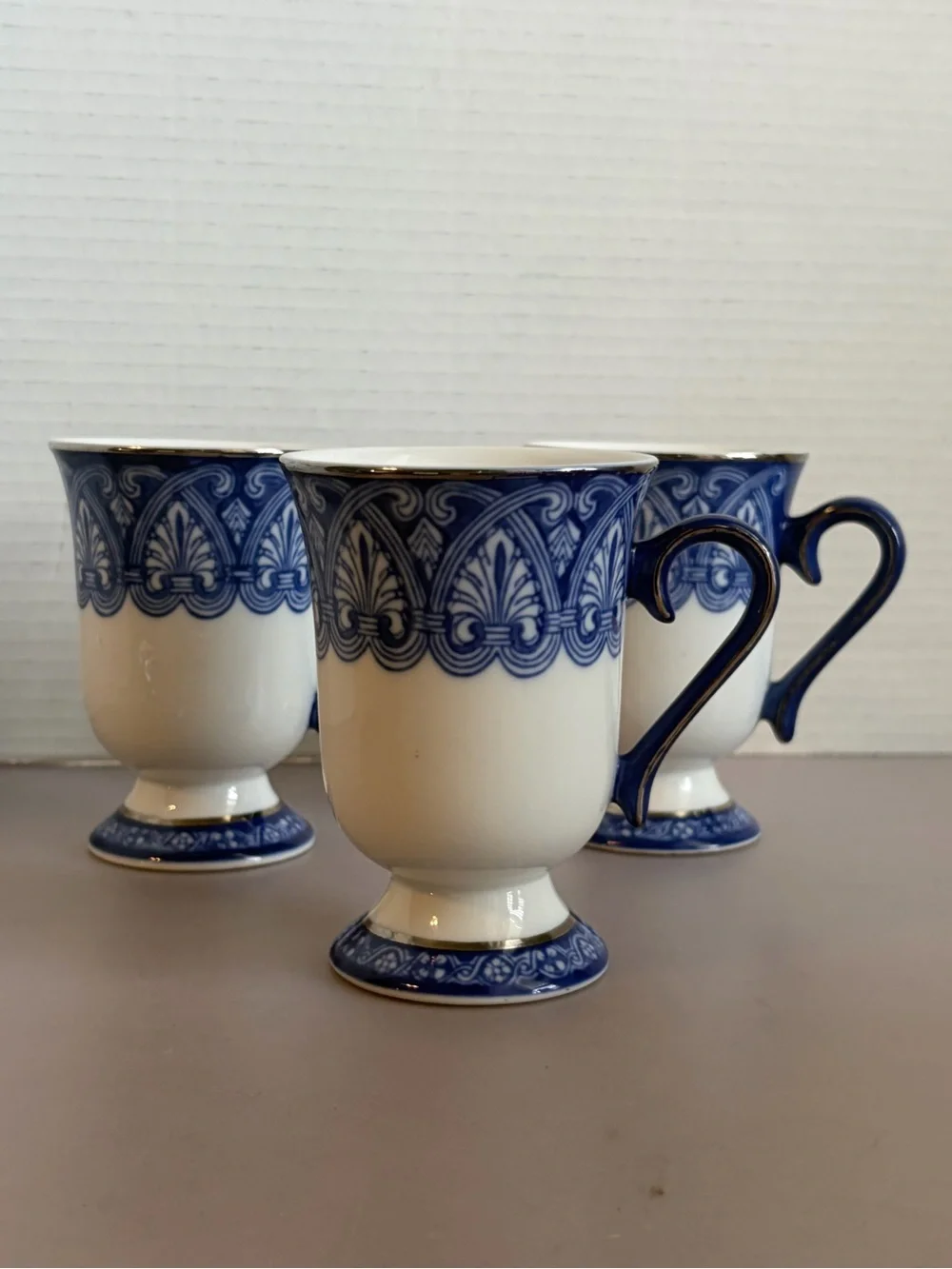 Bombay Porcelain Pedestal Mugs — Classic Decorative Band (Set of 3)
